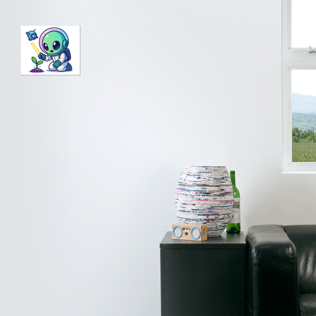 Cute Alien Gardener Growing a Plant • Wholesome Space Art by Anne Lee